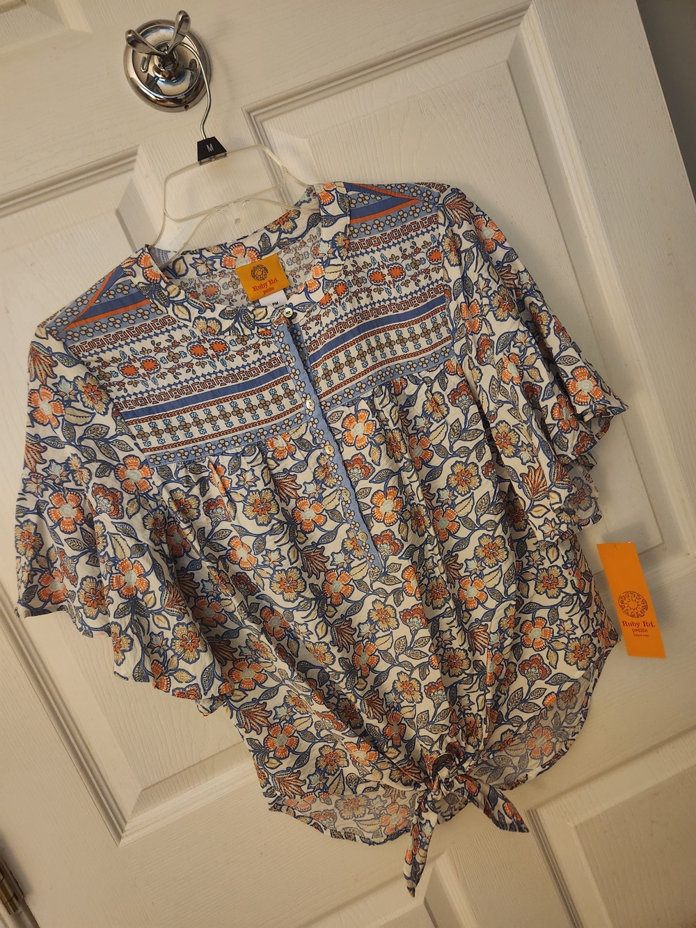 Ruby Rd. Boho Floral Tie-Front Blouse- Petite Medium. NWT.
